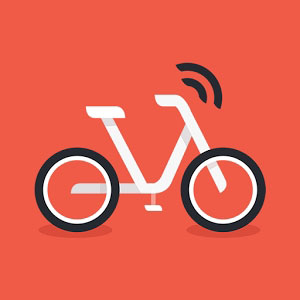 The Mobike logo shows an orange bicycle with a distinctive wheel, symbolizing the bicycle rental service in cities.