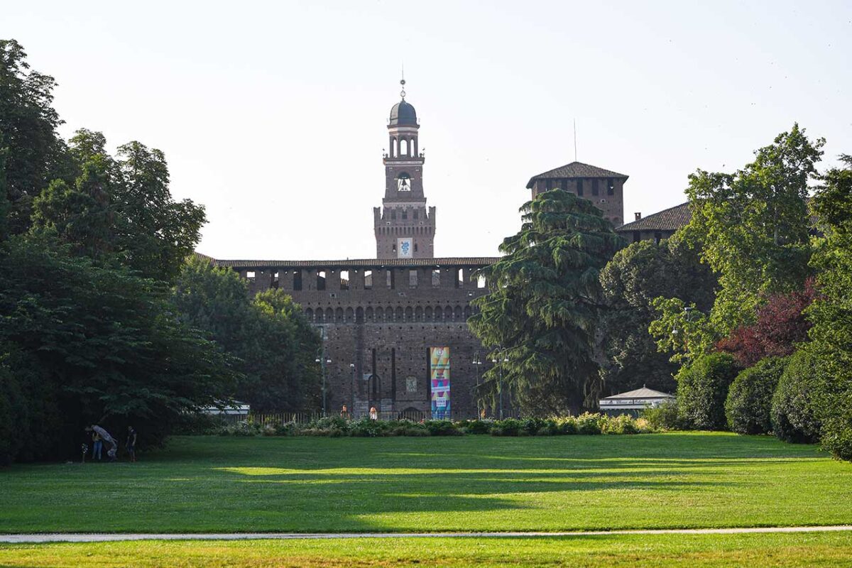 View of the Sforza Castle (Castello Sforzesco) from the Sempione Park in Milan.