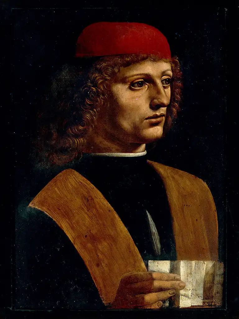 Leonardo da Vinci w Mediolanie - Portret Muzyka znajdujący się w Pinacoteca Ambrosiana w Mediolanie, przedstawiający młodego mężczyznę z nutami w dłoni.