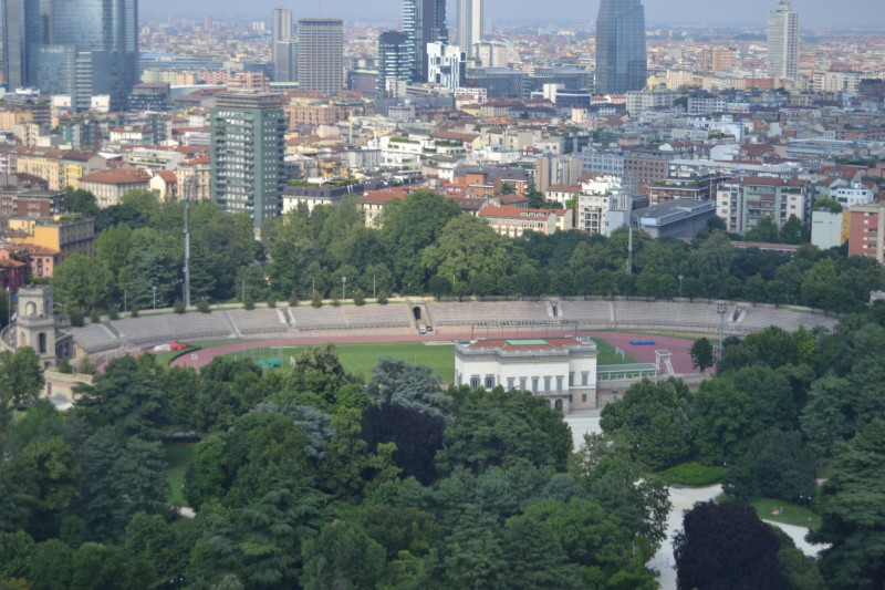 View of the Arena Civica in Park Sempione from the top of the Torre Branca tower in Milan.