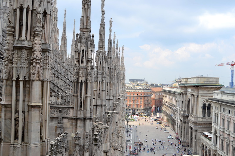 View from the roof of the Cathedral in Milan overlooking the square and the entrance to the Galleria Vittorio Emanuele II.