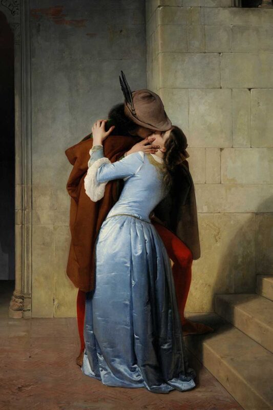 Obraz "Il Bacio" autorstwa Francesco Hayez, znajdujący się w Pinacotece Brera w Mediolanie, przedstawiający romantyczny pocałunek między dwojgiem kochanków.