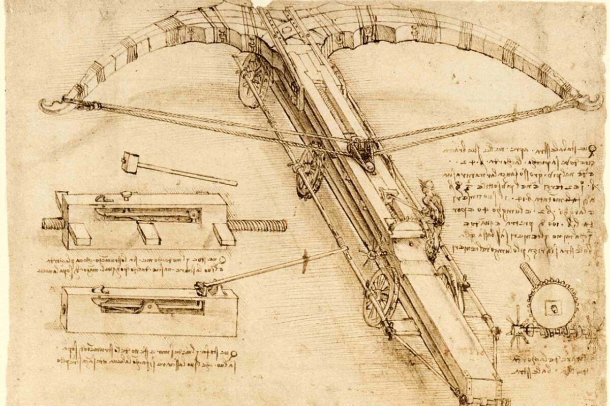 Rysunek gigantycznej kuszy autorstwa Leonarda da Vinci, pochodzący z Codice Atlantico