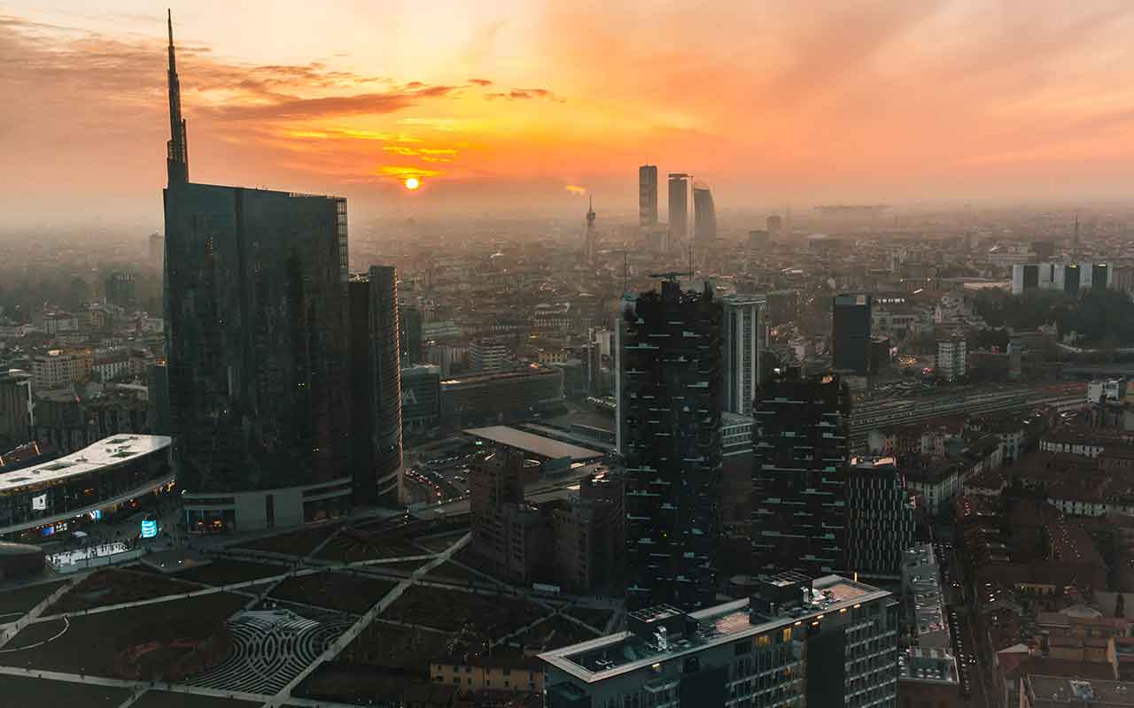 Milan's skyscrapers at sunset