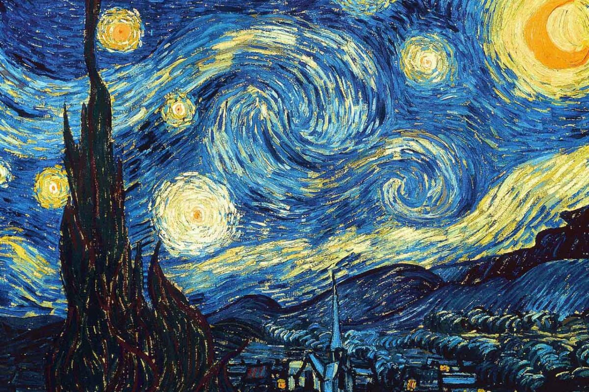 Słynne dzieło "Gwieździsta noc" autorstwa Vincenta van Gogha, przedstawiające dynamiczny, wirujący krajobraz nocnego nieba.