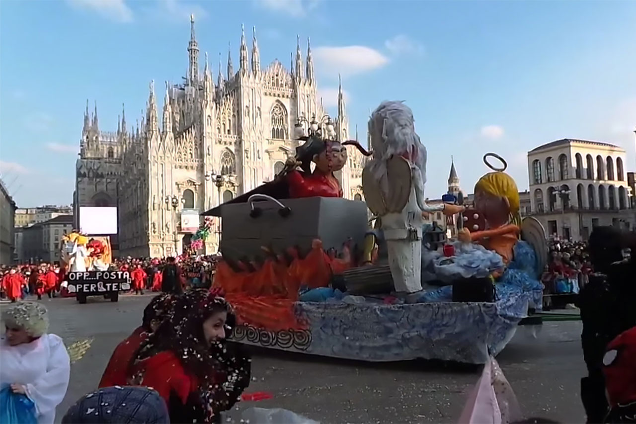 Tradycyjny karnawał w Mediolanie, pełen kolorowych kostiumów, masek i ulicznych parad, obchodzony z wielkim rozmachem w centrum miasta.