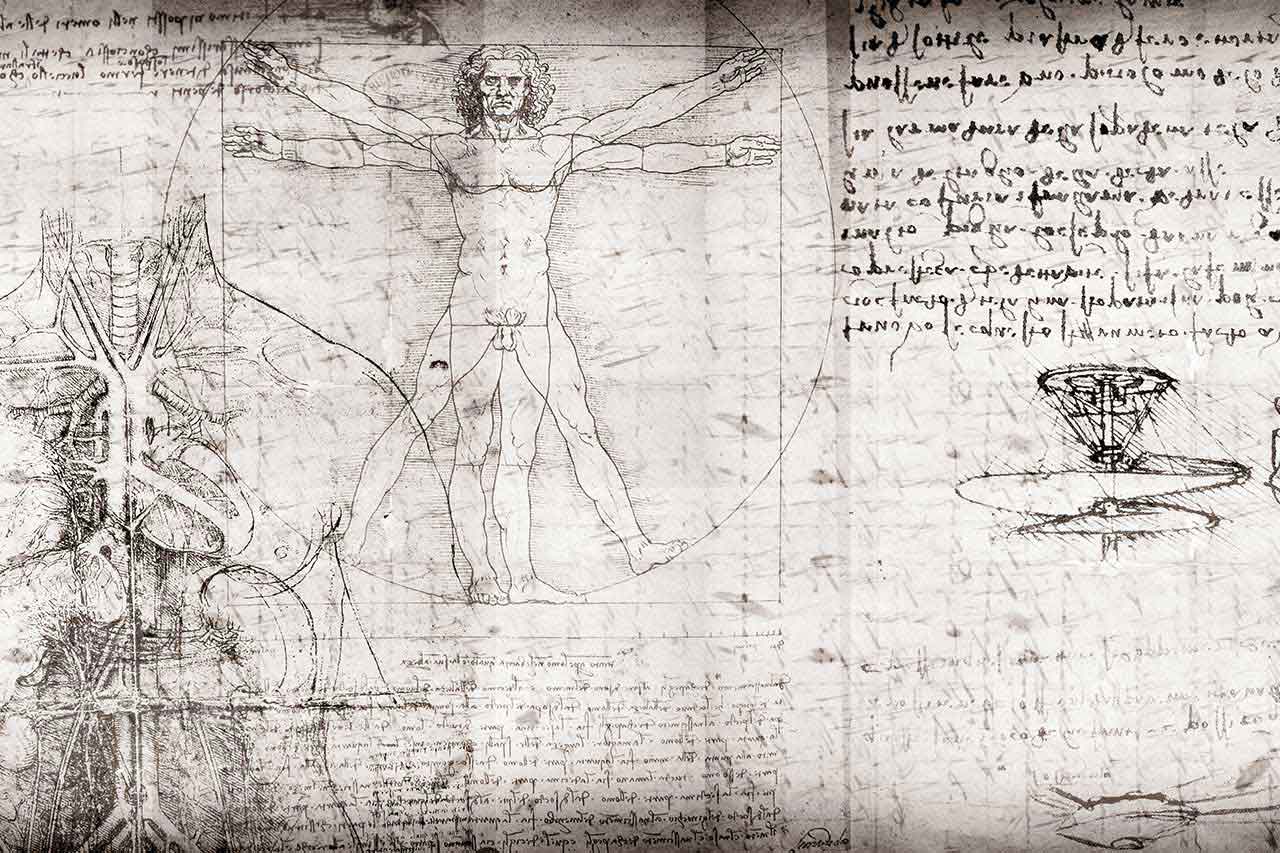 Słynny rysunek „Człowiek witruwiański” autorstwa Leonarda da Vinci, przedstawiający proporcje ludzkiego ciała według starożytnych zasad geometrycznych.