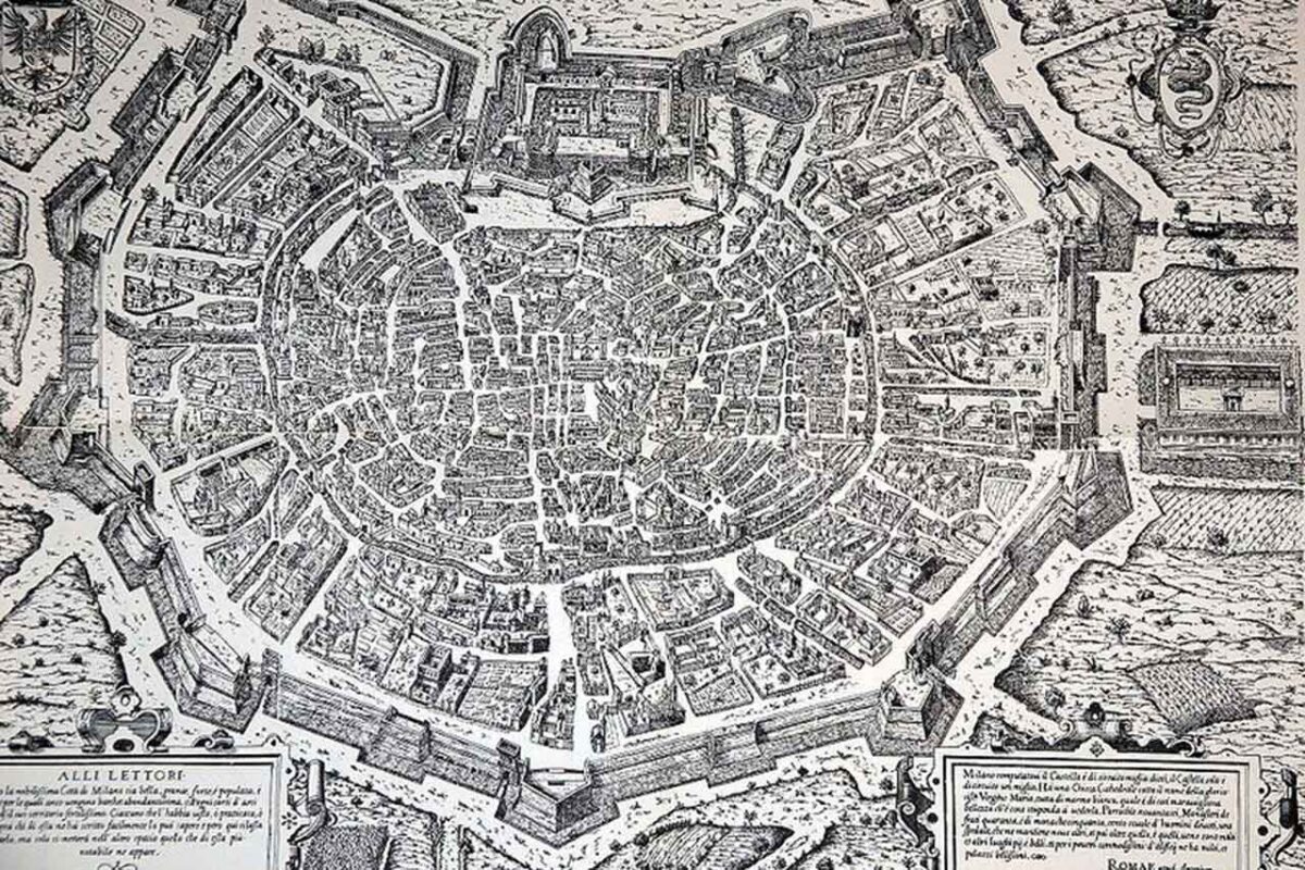 Historyczna mapa Mediolanu z 1573 roku, ukazująca dawny układ miasta