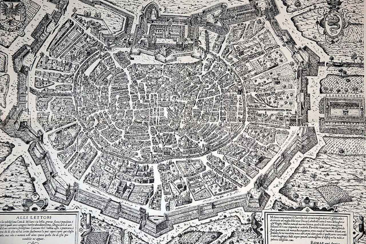 Historyczna mapa Mediolanu z 1573 roku, ukazująca dawny układ miasta