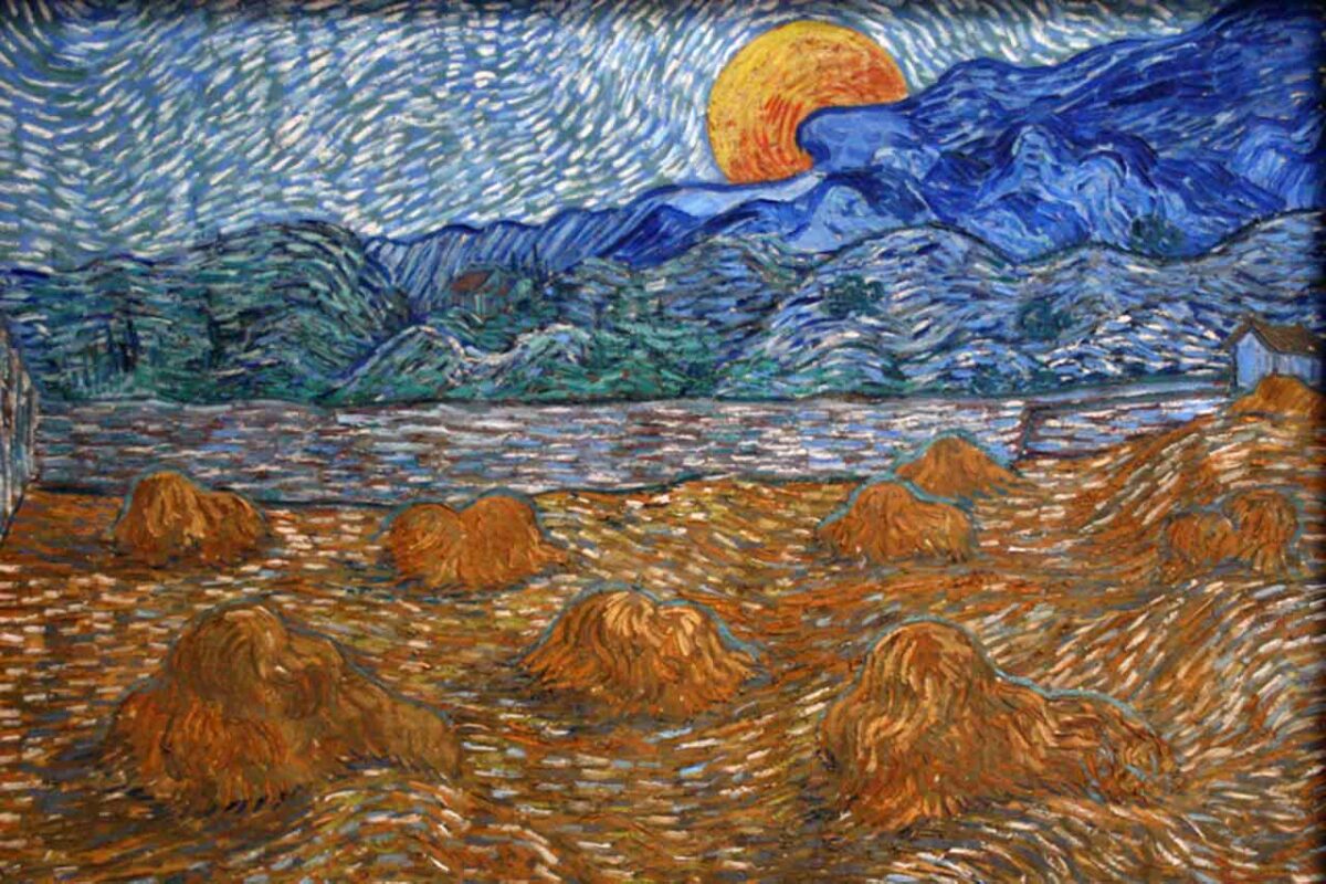 „Pejzaż wieczorny” autorstwa Vincenta van Gogha, przedstawiający malowniczy krajobraz w ciepłych, przygaszonych barwach, charakterystycznych dla twórczości artysty.