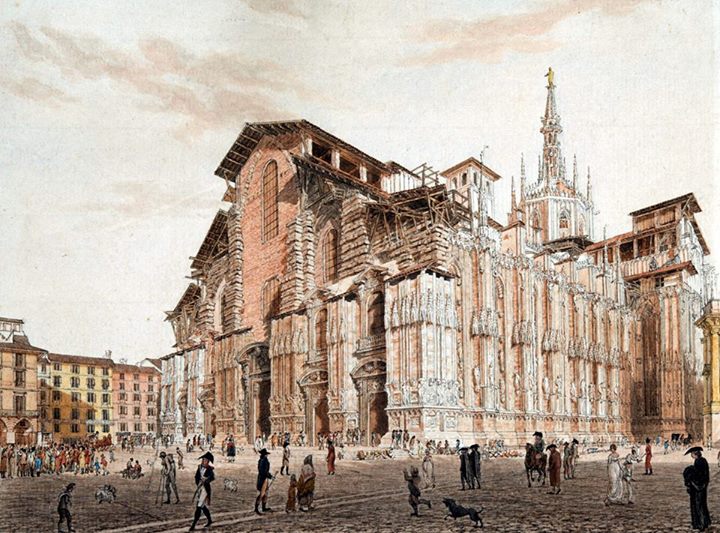 Historyczna ilustracja przedstawiająca Duomo w Mediolanie pod koniec XVIII wieku