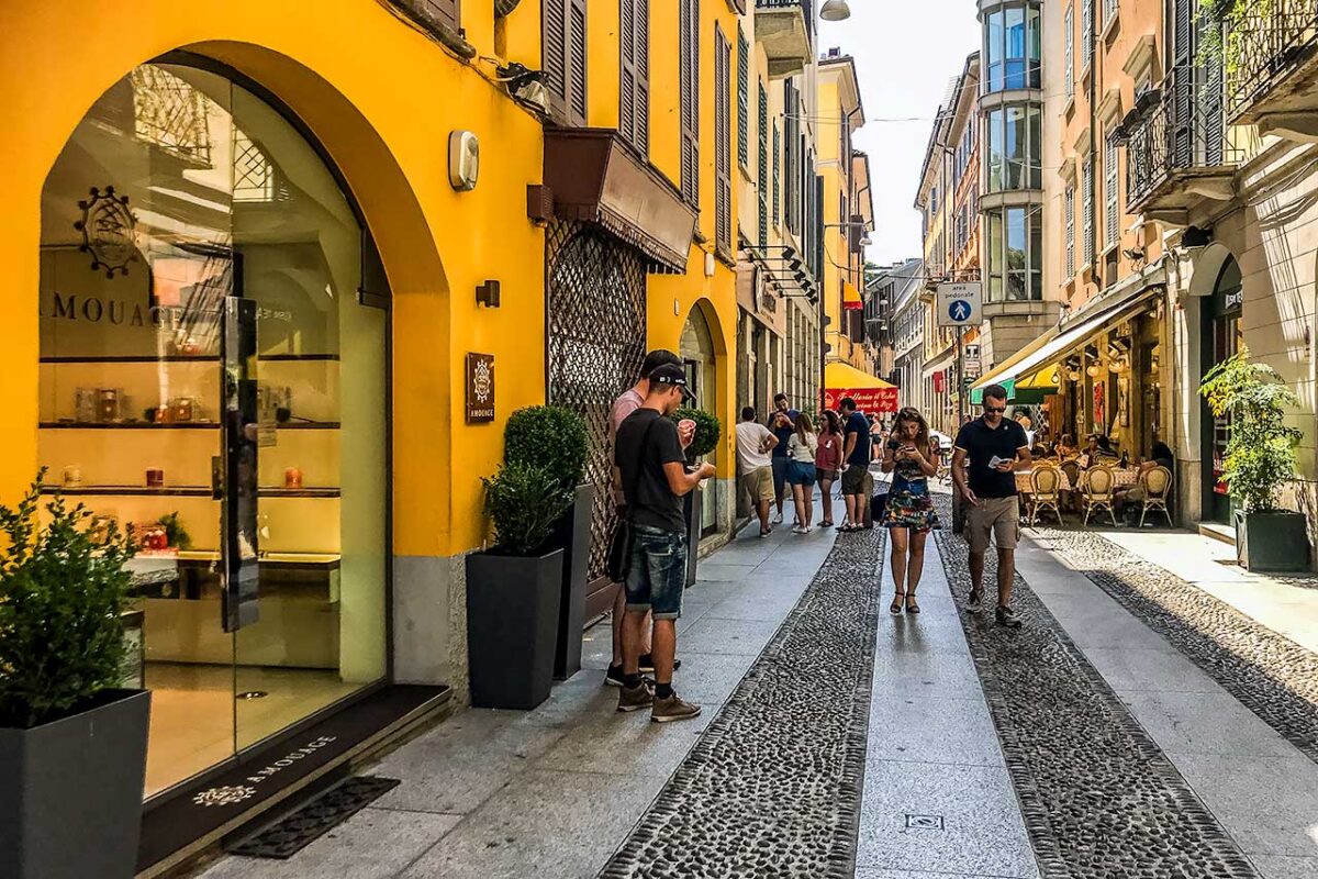 Brera district - Via Fiori Chiari street with colorful tenement houses and shops