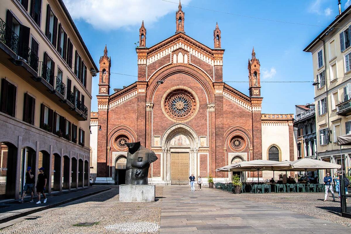 The facade of the Church of Santa Maria del Carmine in Milan with rose windows