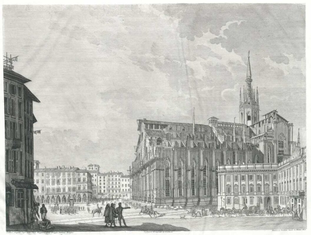 Historyczna rycina z lat 1850. przedstawiająca Piazza del Duomo i Palazzo Reale w Mediolanie z katedrą w tle