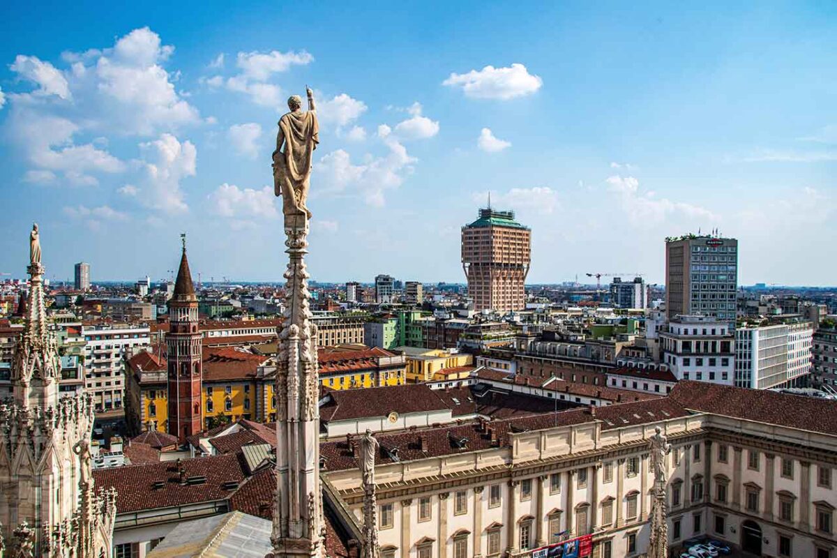 Milano Art Week. View of Palazzo Reale from the rooftop of Milan’s Duomo.