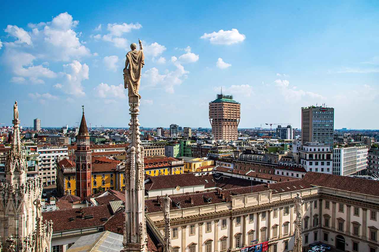 Milano Art Week. View of Palazzo Reale from the rooftop of Milan’s Duomo.